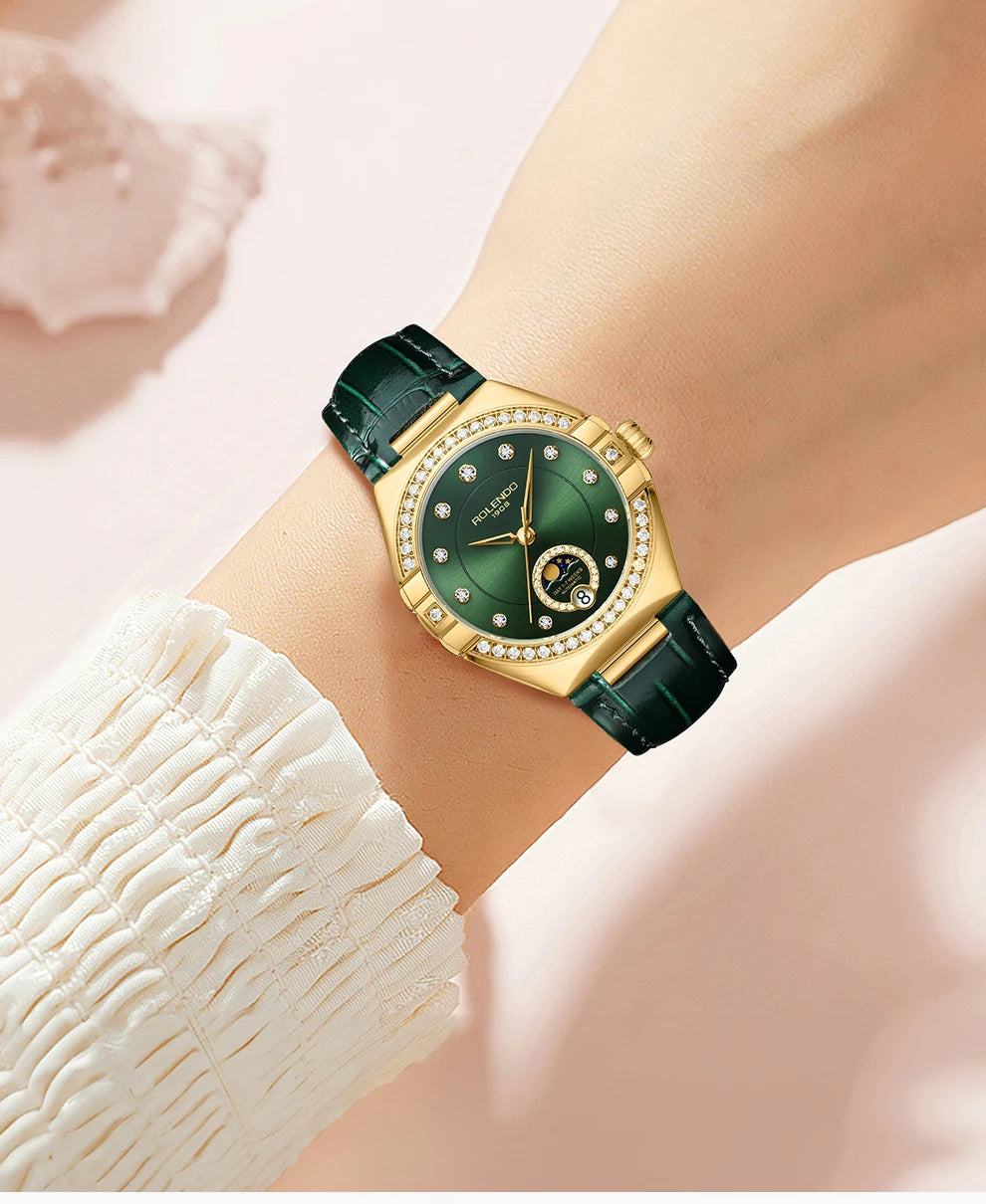 ROLENDO Constellation Style Automatic Women's Watch Secret Emerald Strap Green Dial Day-Date Sapphire Crystal Waterproof Elegant