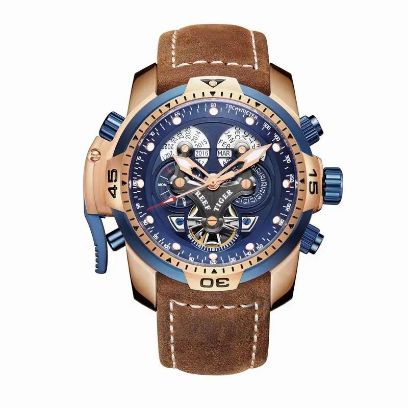 Reef Tiger/RT Luxury Brand Blue Military Watch Men Leather Strap Steel Automatic Watch Waterproof Relogio Masculino RGA3503