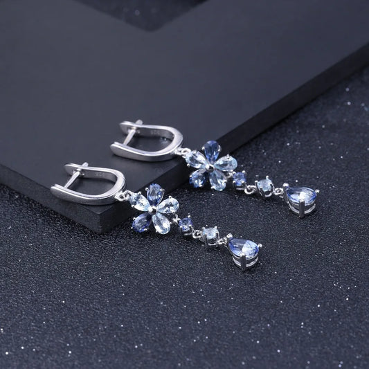 GEM'S BALLET Natural Iolite Blue Mystic Quartz Sky Blue Topaz 925 Sterling Silver Flower Drop Earrings Fine Jewelry for Women