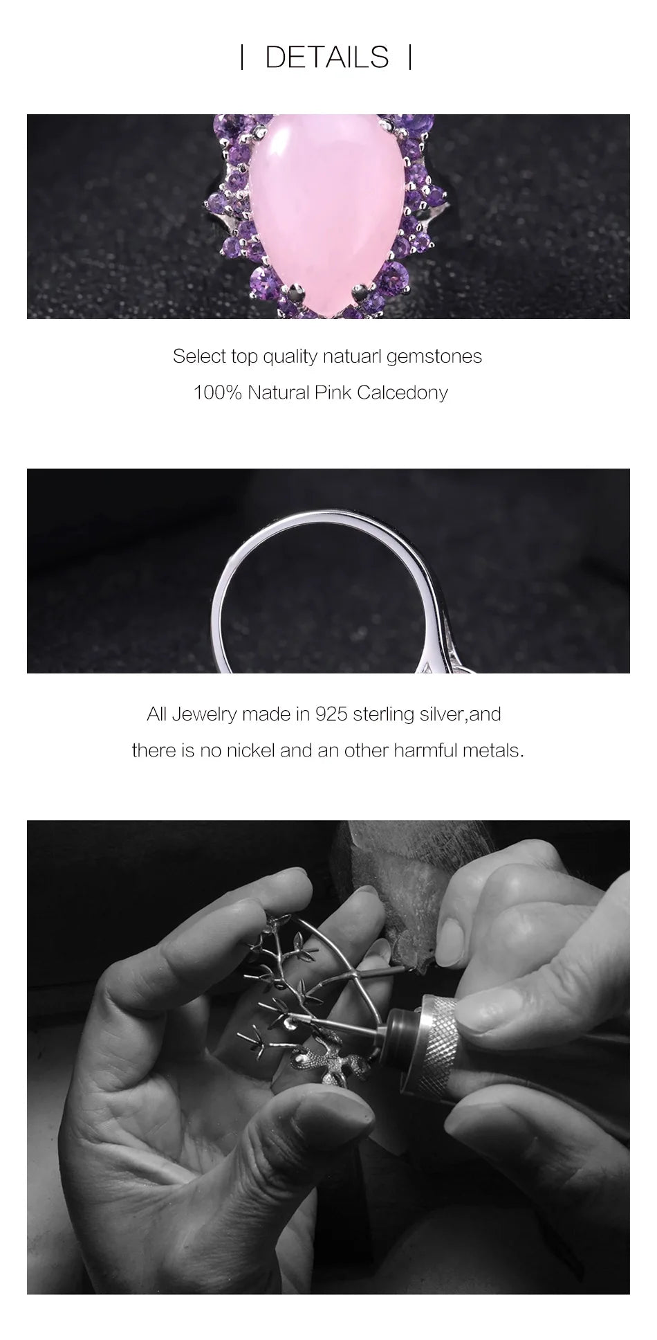 GEM'S BALLET Natural Pink Calcedony Gemstone Ring 925 Sterling Silver Vintage Halo Cocktail Rings for Women Fine Jewelry