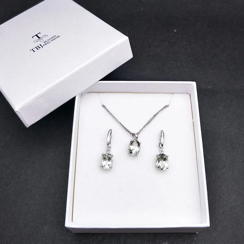 TBJ,Simple natural green amethyst gemstone jewelry Necklaces and earrings set in 925 silver gemstone for women with gift box