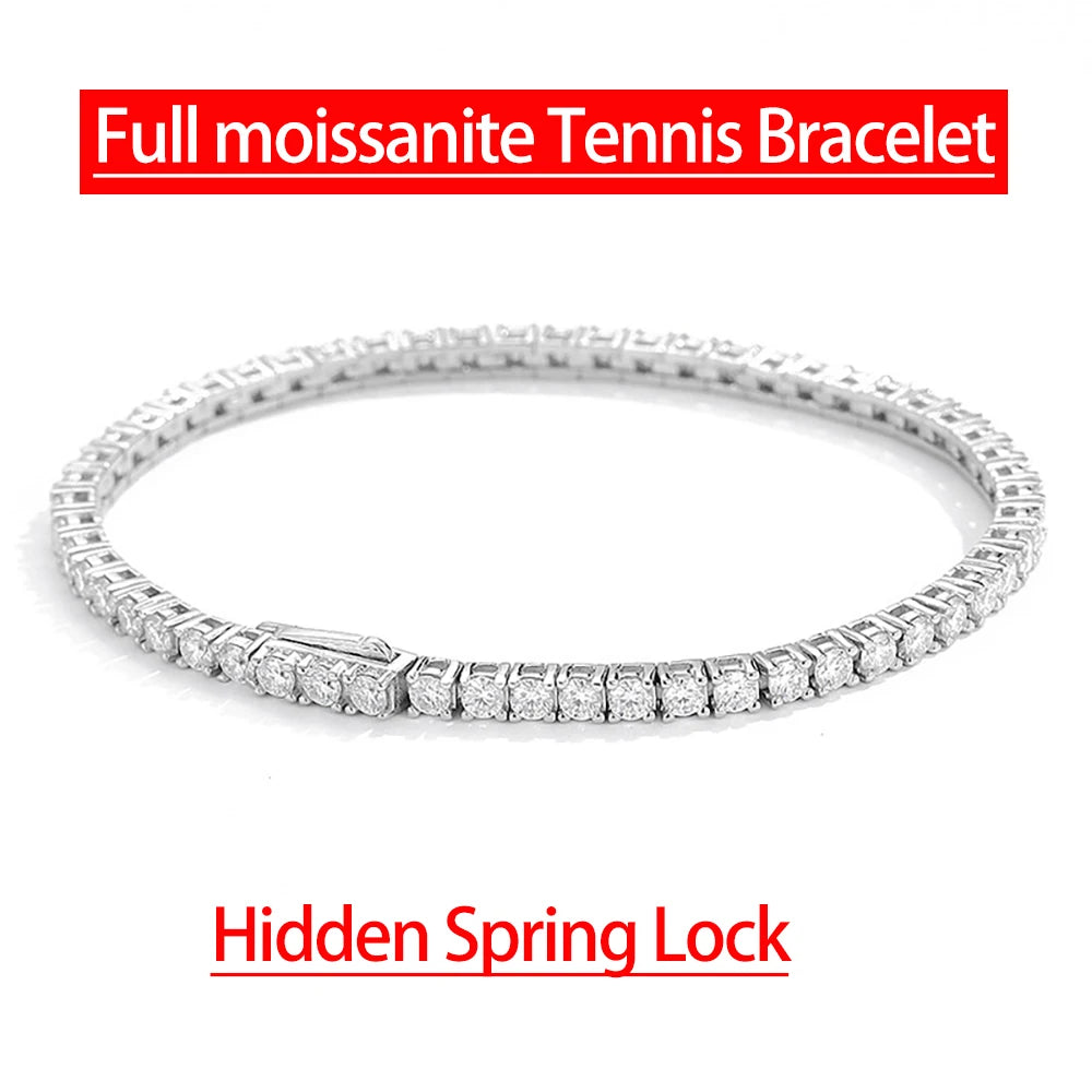 2mm 2.5mm 3mm 4mm 5mm Moissanite Tennis Bracelet for Women Men 100% S925 Sterling Silver Hidden Spring Lock Bracelet Plated 18K