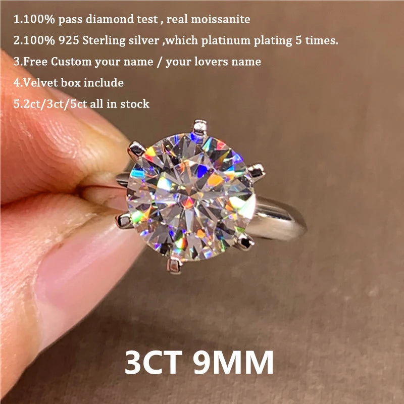 Classic 6 Prongs 5 Carat Round Moissanite Ring Sterling Silver Plated 14K Gold High Clarity D Color Diamond Rings Woman Jewelry