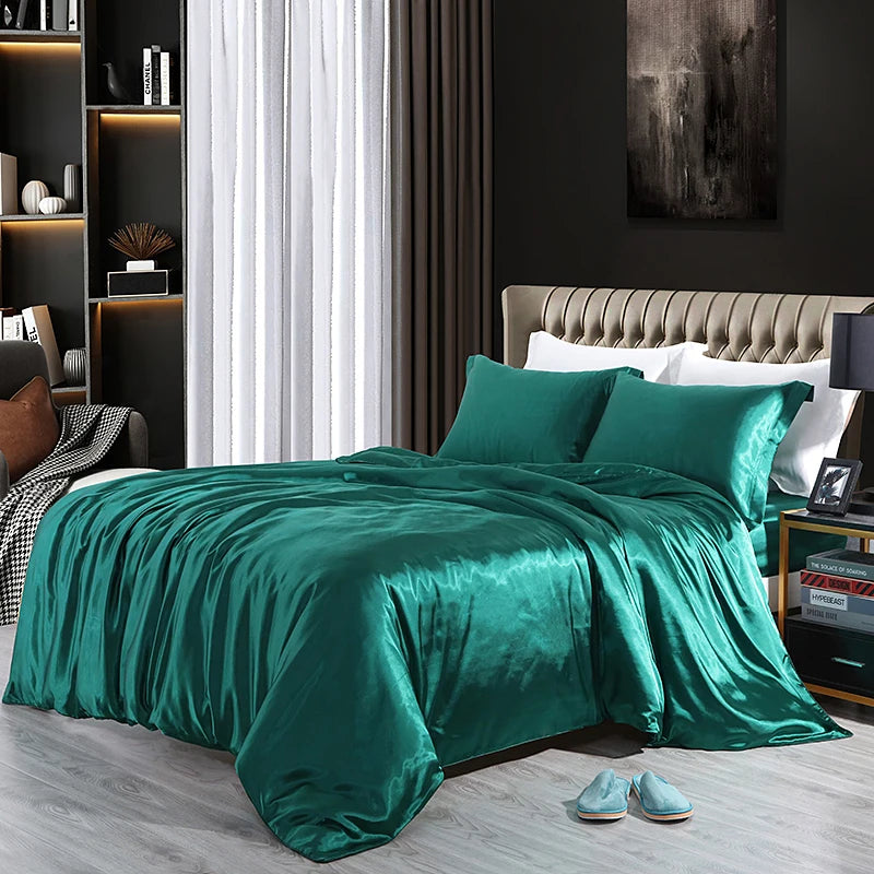 Luxury Satin Bedding Set With Flat Sheet Duvet Cover High End Bedding Set High Density Satin Solid Color Bedding