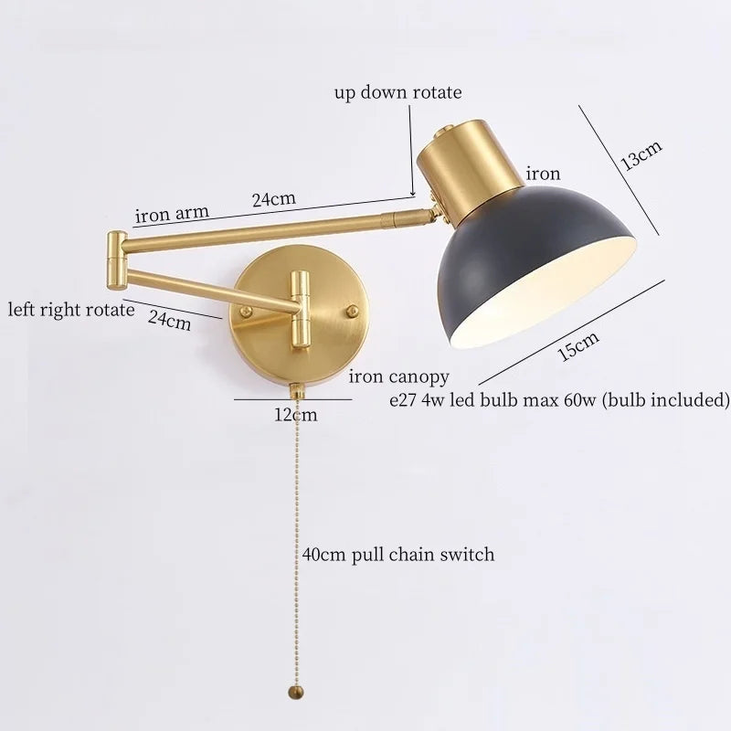 IWHD Golden Iron Art LED Wall Lights For Bedroom Kitchen Living Room Loft Mirror Bedside Lamp Swing Long Arm Lampade Da Parete