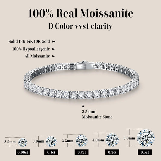 ATTAGEMS 4.0mm 5.0mm DVVS1 Pass Diamond Test Round Cut Moissanite Tennis Bracelet White Gold Plated 925 Silver Jewelry for Women