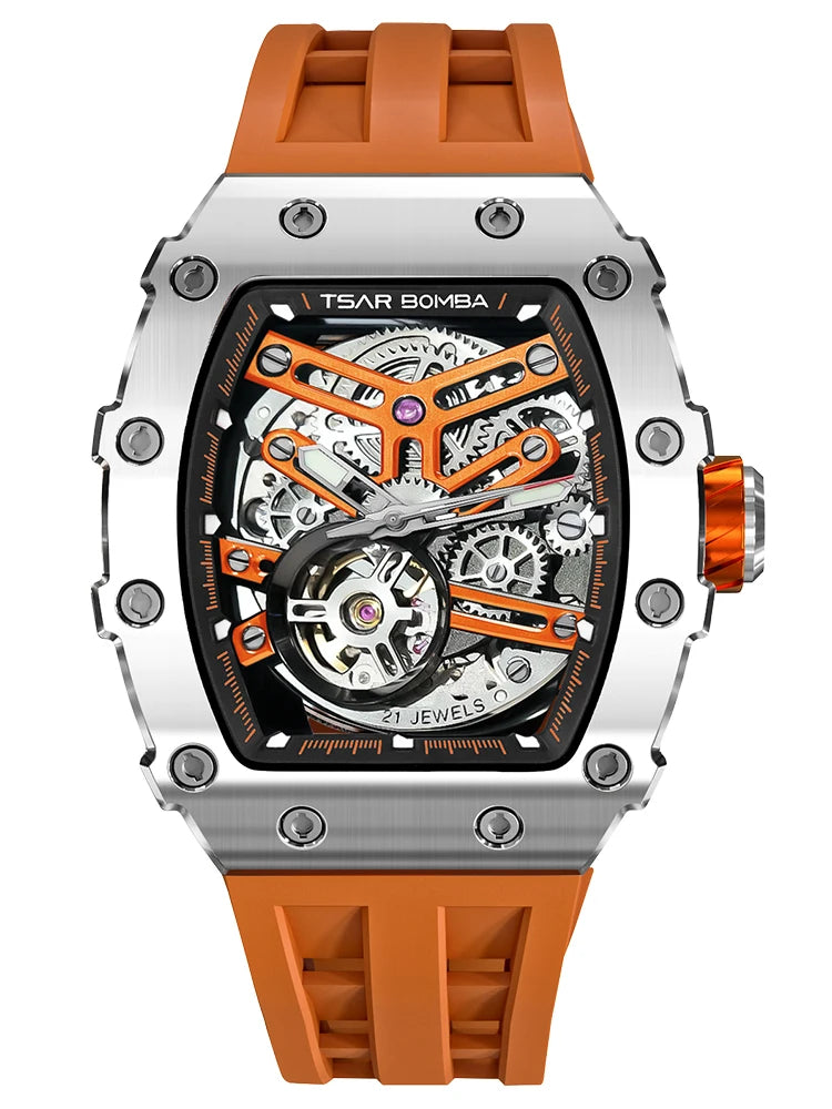 TSAR BOMBA Automatic Watch for Men Waterproof Watch Tonneau Stainless steel Mechanical Wristwatch Silicone Strap Luxury Gift