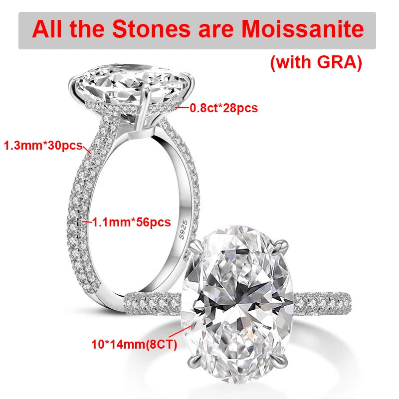 BXINY 8CT Oval Cut All Moissanite Ring 925 Sterling Silver for Women Sparkling Lab Diamond Wedding Band Jewelry with Certificate