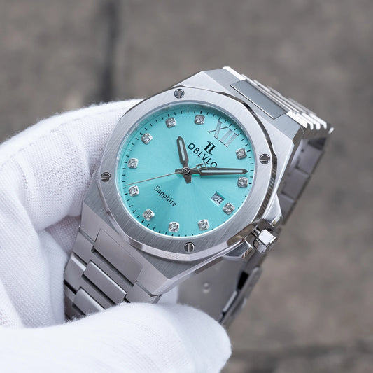 OBLVLO Men's Fashion Octagon Bezel Dress Watch Blue Dial Date Quartz Movement Waterproof Designer Wristwatch for Couples AWM