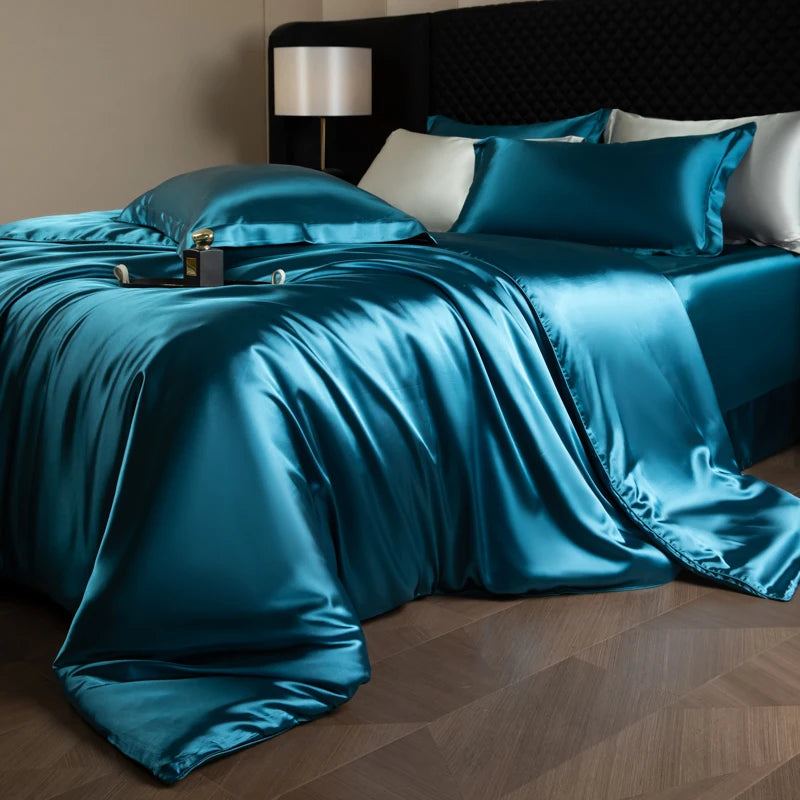 Silk Bed Sheets Set Luxury Bedding Set with Duvet Cover Fitted/Flat Bedheet Pillowcases Mixed with Rayon King Queen Full Twin