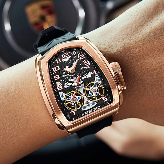 HANBORO fully automatic mechanical men's watch hollowed out wristwatch trend waterproof luminous watch