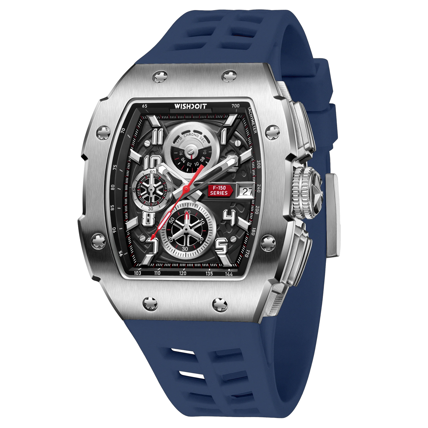 WISHDOIT NH35 Men's Chronograph Luxury Tonneau Design Features with Calendar Date Glowing 50m Depth Waterproof FKM Rubber Strap