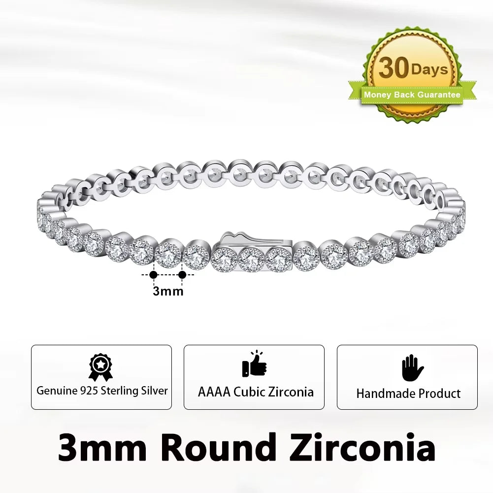 Rinntin Genuine 925 Sterling Silver Tennis Chain Bracelet Handmade High-end Luxury Hand Chain for Men Women Jewelry Gift SB128