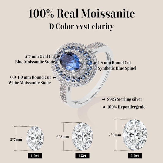ATTAGEMS Blue Moissanite Women Rings Oval Cut 1.0CT Real S925 Sterling Silver Jewelry For Wedding Engagement Ring With Certified