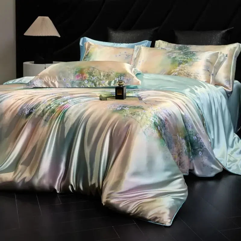 100% Natural Mulberry Silk Fitted Sheet Bedding Sets 3D Printed Satin Cooling Quilt Cover Set for Summer Single Double Bed Kit