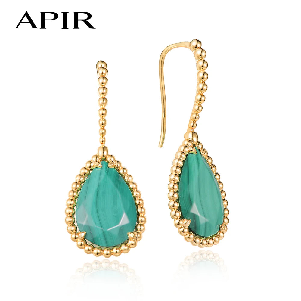 APIR Bohemian Blue Green Chalcedony Water Drop Woman's Earrings 18K White Gold Plated Dance Party Wedding Luxury Long earrings