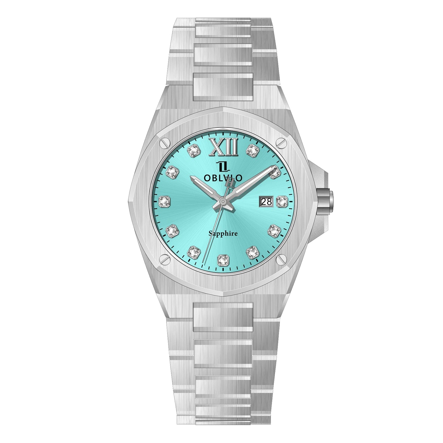 OBLVLO Herren-Armbanduhr mit achteckiger Lünette, blauem Zifferblatt, Datumsanzeige, Quarzwerk, wasserdicht, ideal für Paare (AWM)