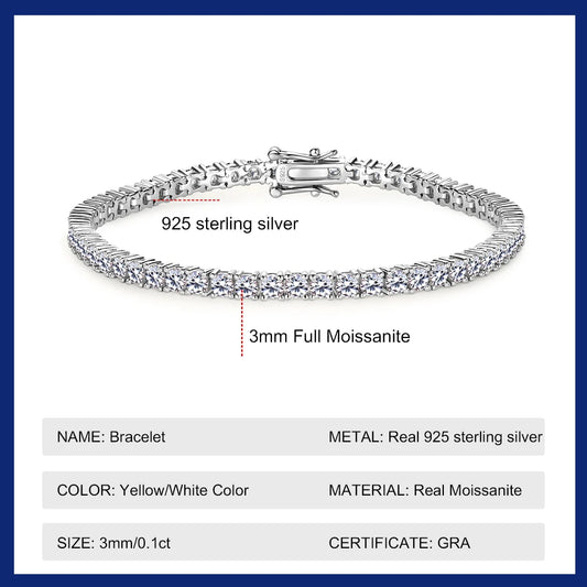 Sweetrain 3mm D VVS1 Moissanite Tennis Bracelet S925 Sterling Silver Plated 18k White Gold Diamond Tennis Bracelets for Women