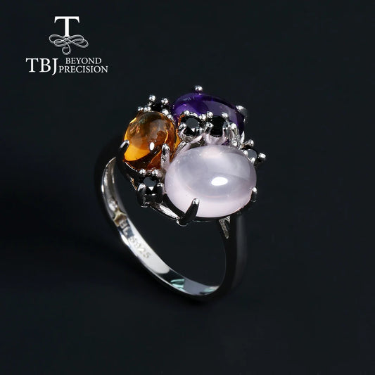 Natural gems Citrine Rose quartz Amethyst Multi-color Ring Earring Jewelry Set for Women fine Jewelry 925 Sterling Silver