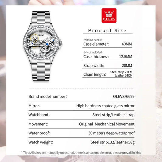 OLEVS Fully Hollow Watch for Women Automatic Mechanical Women's Watches Luminous Luxury Stainless Steel Diamond Inlay Wristwatch