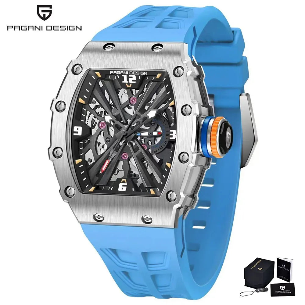 2024 New PAGANI DESIGN Men's Quartz Watches VH65 Movt Skeleton Dial 100M Waterproof Sport Rectangle Sapphire Glass Watch for Men