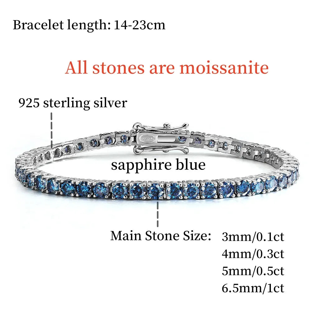 TBCYD 3/4/5/6.5mm Sapphire Blue Moissanite Tennis Bracelet S925 Sterling Silver For Men Women GRA Certified Hip Hop Jewelry