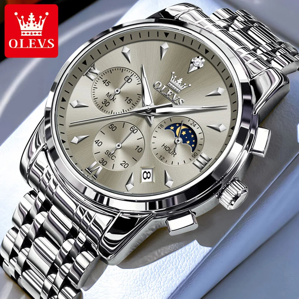 OLEVS 3639 Top Brand Original Luxury New Quartz Watch Stainless Steel Watch For Men Waterproof Luminous Moon Phase Mens Watch