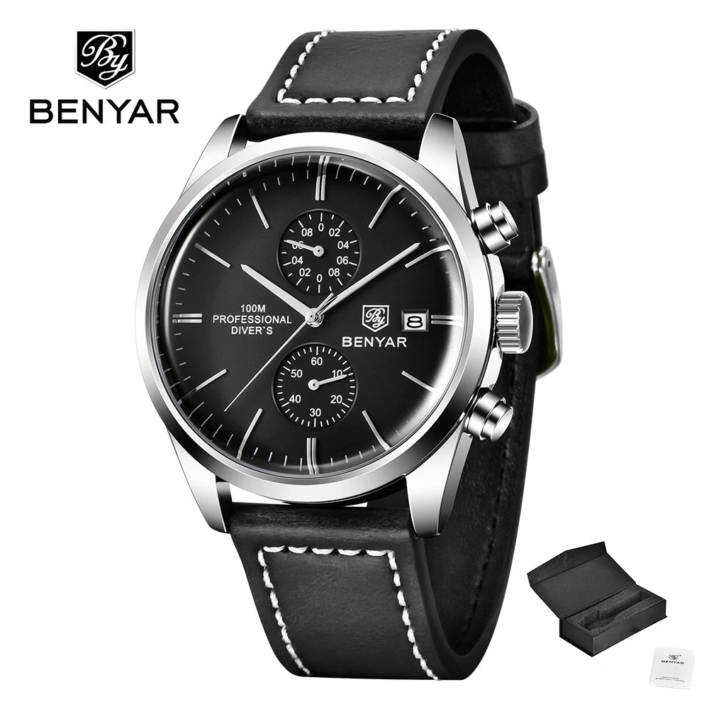 BENYAR Men Quartz Wristwatches Luxury Brand Chronograph Leather Sports Watch For Men Military 100M Waterproof Reloj Hombre 2023