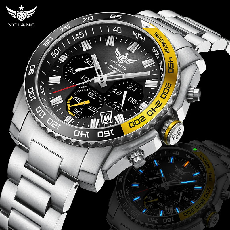 Yelang Watch 44mm V1215 Men Sports Watch Japan Eco-Drive VR42 Solar Diving Watch 100m Waterproof 10Bar Luminous watches for men