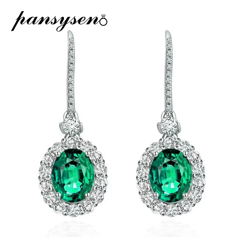 PANSYSEN Vintage 925 Sterling Silver 7x9MM Oval Cut Ruby Sapphire Dangle Drop Earrings for Women Wedding Jewelry Earring Gifts