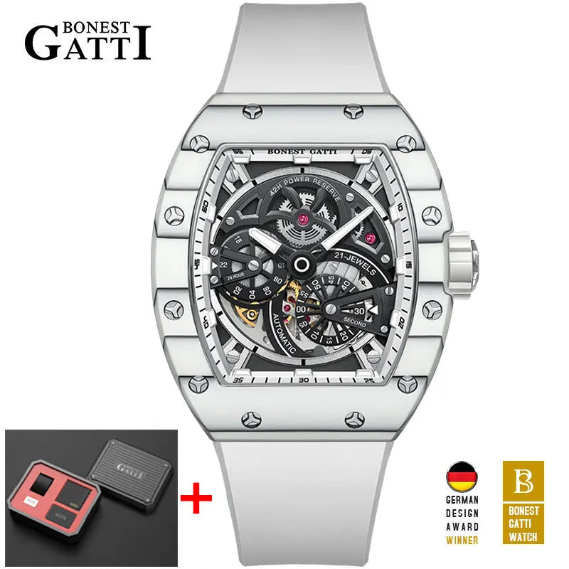 BONEST GATTI Men Automatic Movement Mechanical Watch Carbon Fiber Bezel Tonneau Luminous Case Fluororubber Strap Watches For Men