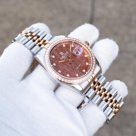 OBLVLO Men's Elegant Diamonds Bezel Two Tone Bracelet Quartz Watch with Date Fashion MOP Dial Business Watches for Men RX-PE-D