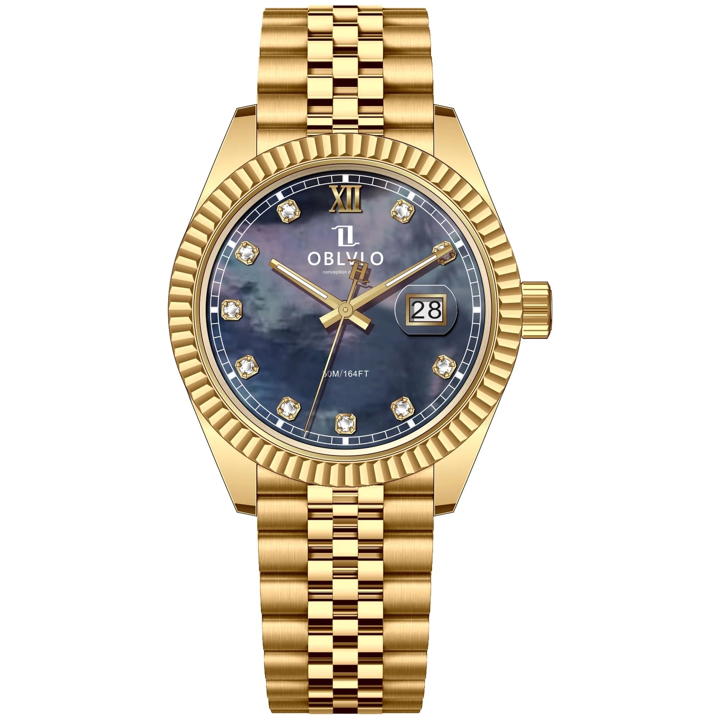 OBLVLO Elegante Herren-Armbanduhr in Gelbgold mit rotem Zifferblatt, Quarzwerk und Datumsanzeige, modisches grünes Zifferblatt, Business-Uhr für Herren, RX-PE