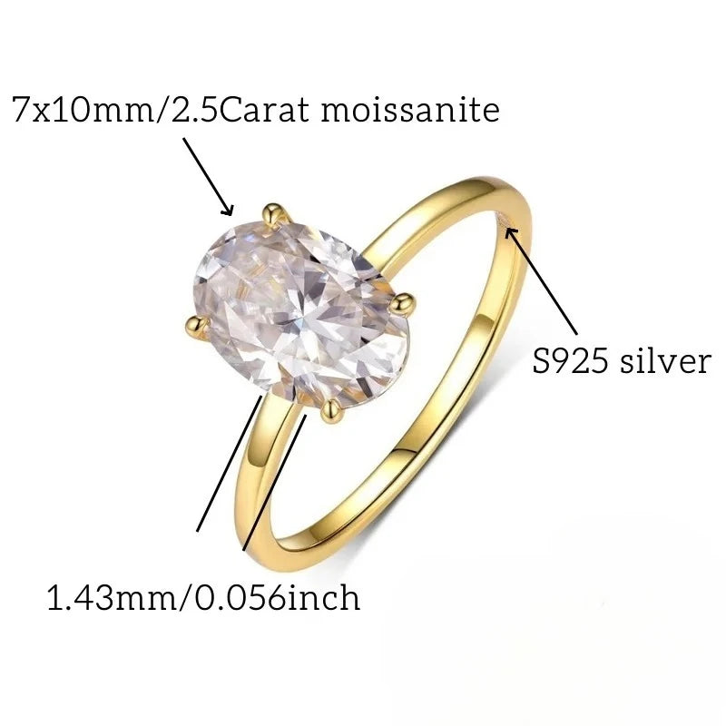 WSHUO 2.5ct S925 Sterling Silver Ring Oval Cut D Grade Moissanite 18K Gold Women's Engagement Ring Stackable Style GRA Certified