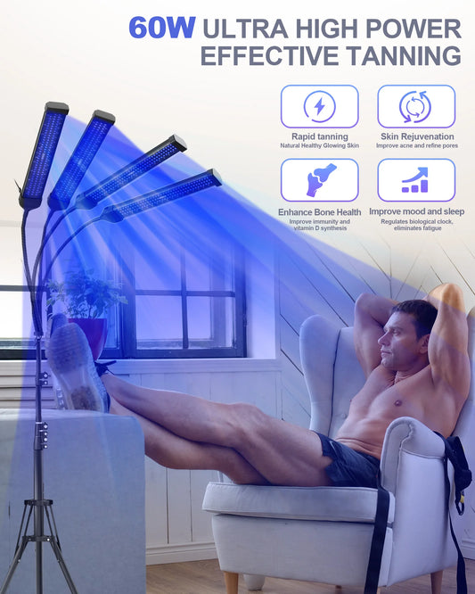 60W Tanning Lamp 4-Head UV Tanning Machine 432 LEDS Blue Light Wavelength 460nm & 490nm 360° Rotation Solarium Tanning Light