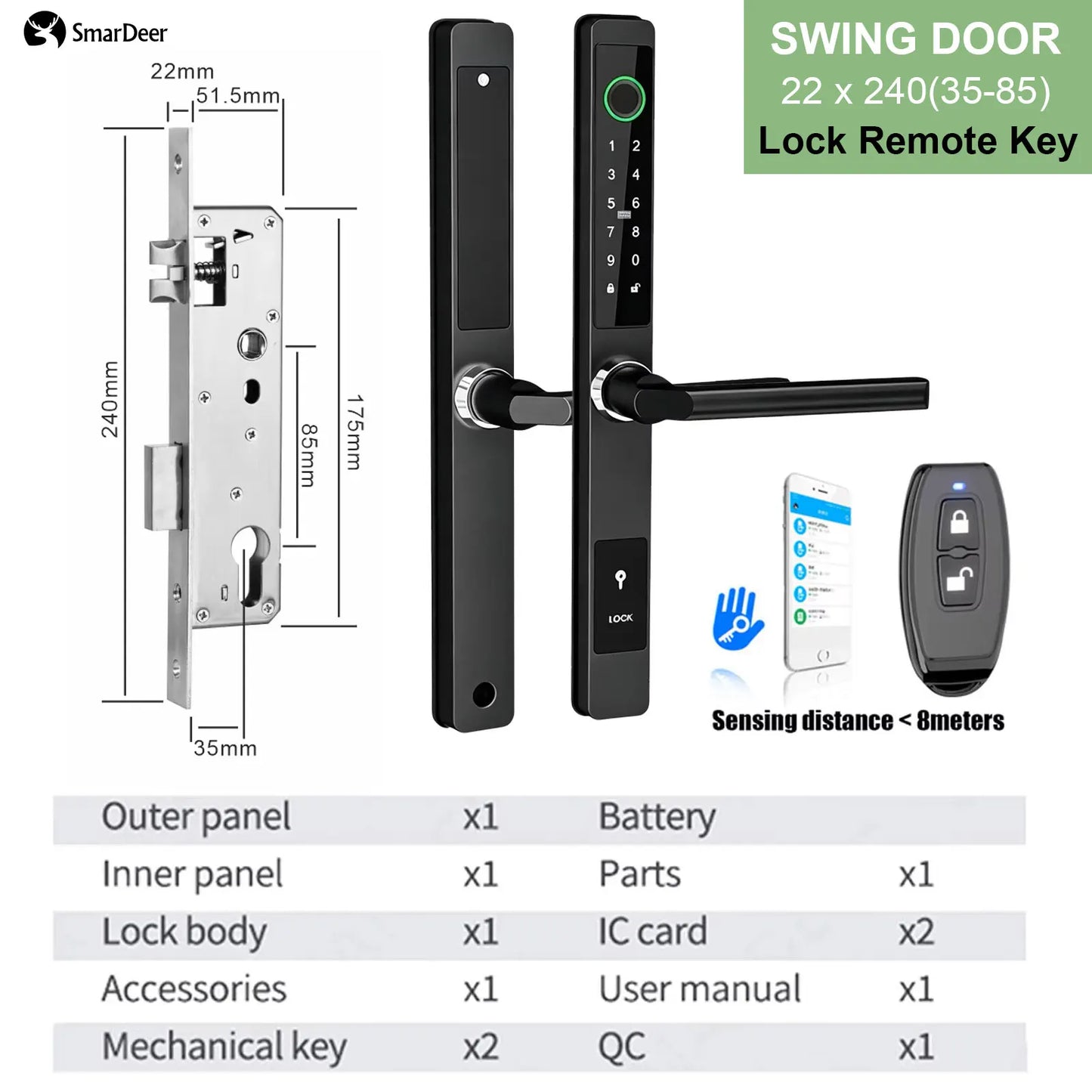 SmarDeer IP65 Waterproof Sliding Door Smart Lock,Tuya WiFi Broken Bridge Aluminum Sliding Door Fingerprint Lock