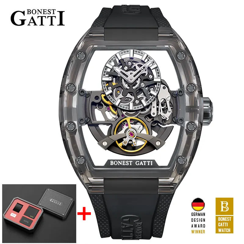 BONEST GATTI 2025 New Men Automatic Watch Tonneau Mechanical Wristwatch Acylic Case Sapphire Lume Hollow Out Dial Fluororubber