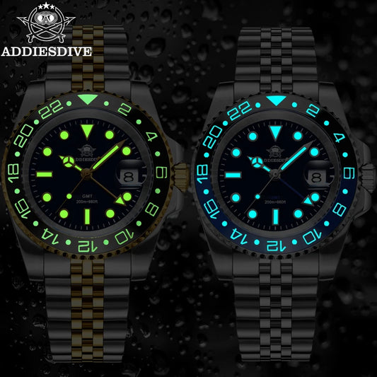 ADDIESDIVE AD2050 Men GMT Watch Swiss Ronda 515-24 BGW9 Super Luminous 20Bar Waterproof reloj 316L Stainless Steel Quartz Watch