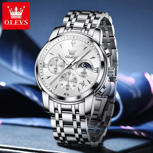 OLEVS 3639 Top Brand Original Luxury New Quartz Watch Stainless Steel Watch For Men Waterproof Luminous Moon Phase Mens Watch