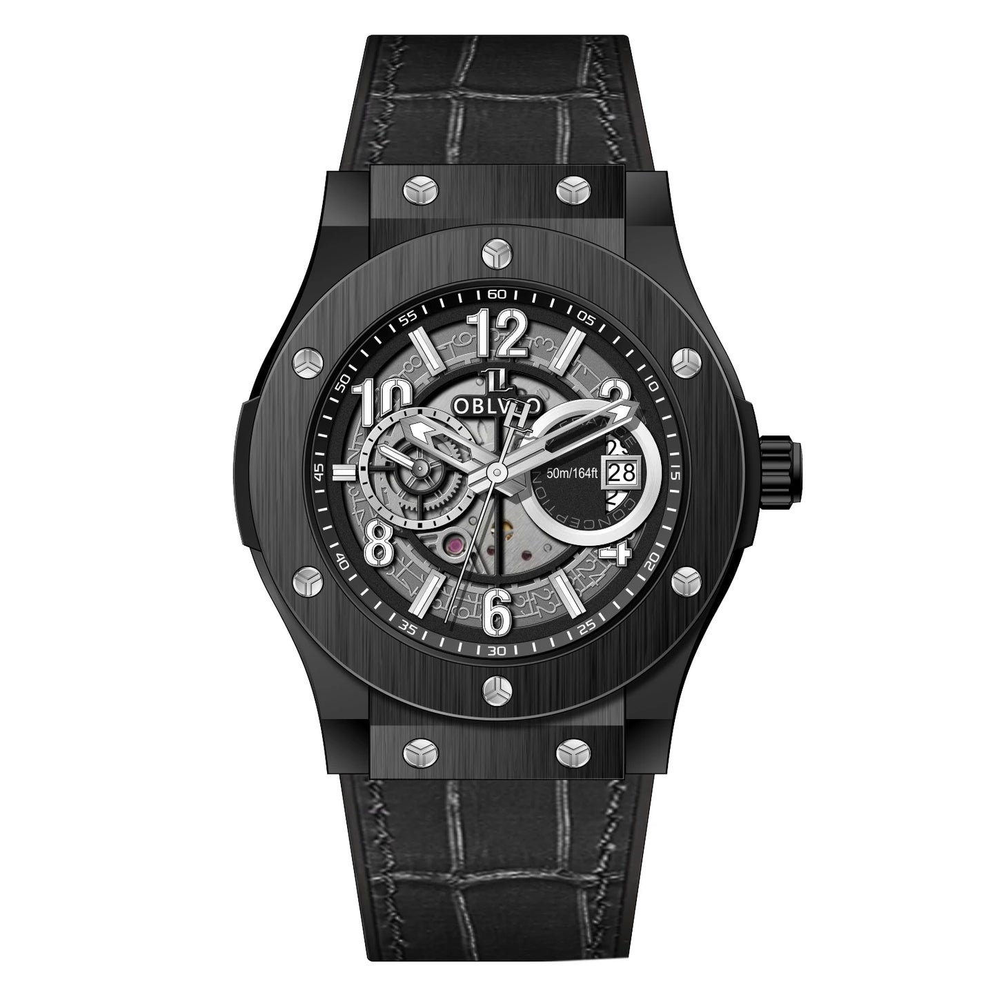 OBLVLO Men's Fashion Rose Gold 44mm Hollow-out Automatic Watch Waterproof Brown Leather Strap Mechanical Clock with Date HM-GT