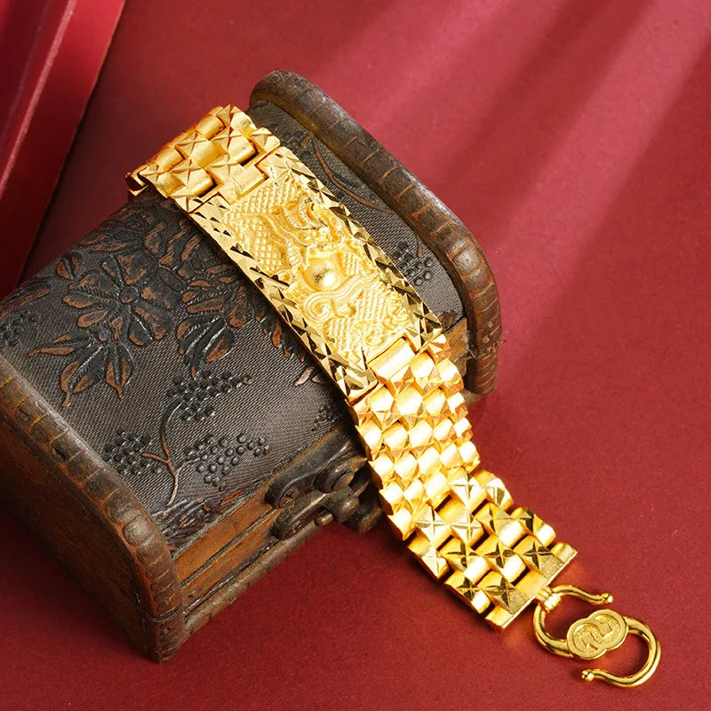 Luxury 24K 9999 Pure Gold real gold Men's Double Dragon Play Ball Flying Dragon in the Sky Bracelet