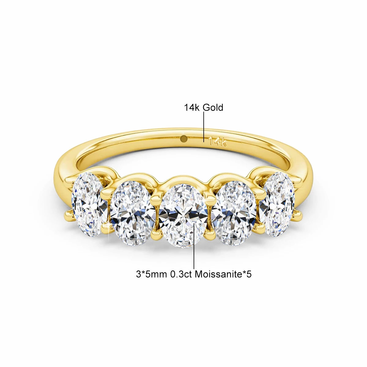 Oval 14K Yellow Gold Engagement Ring GRA Certified Moissanite Row Band 5 Stone 1.5ctw 100% Authentic for Women Wedding Jewelry