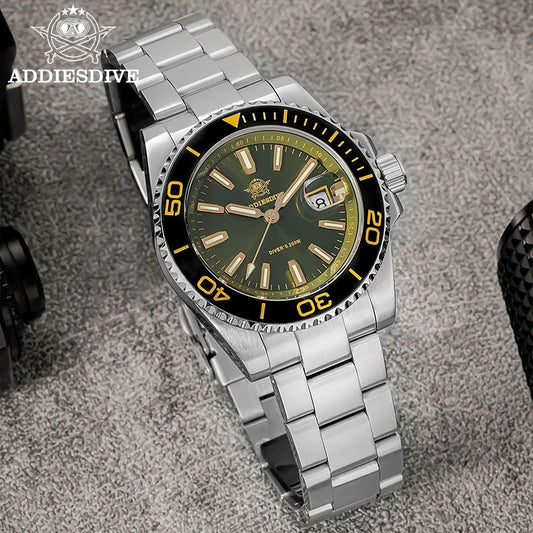 ADDIESDIVE New AD2510 Luxury Men's Diving Watch 41mm BGW9 Luminous Enamel Dial Screw-down Crown Durable Stainless Steel Strap