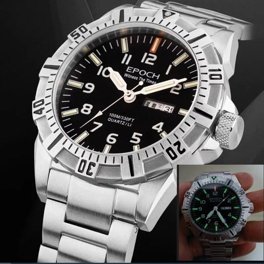 EPOCH Men Quartz Watch Luminous 10Years Lithium Battery Japan Movement Rotated Dial WR100M Sapphire Chinese English Day Military