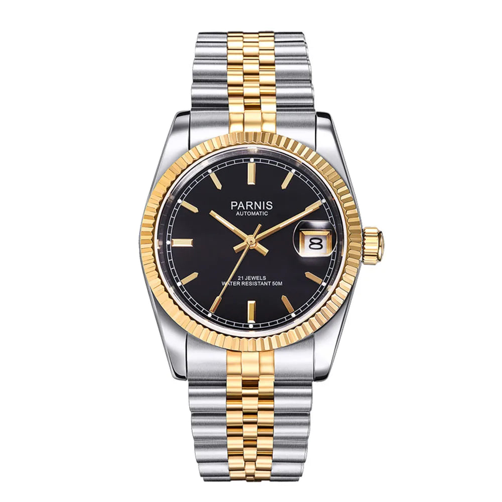 Parnis 36mm Gold Color Luminous Mark Automatic Men's Wristwatch 5 ATM Stainless Steel Jubilee Bracelet