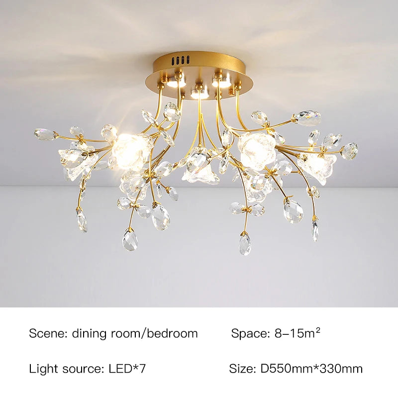 Luxury Crystal Flower Ceiling Light Gold LED Branch Tree Chandelier For Living Room Bedroom Villa Hotel Decor Bedside Wall Lamp