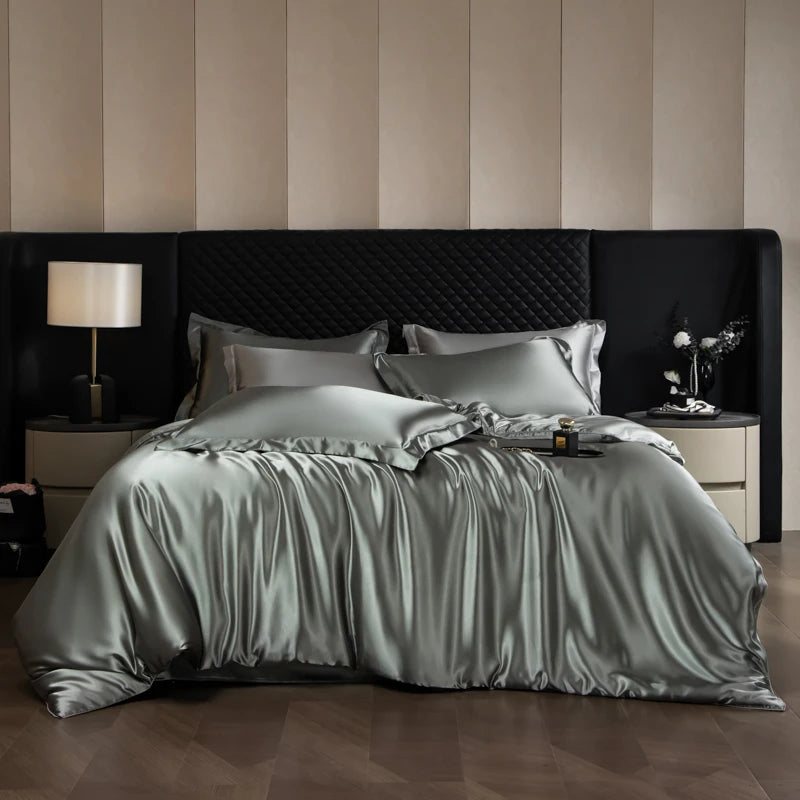 Silk Bed Sheets Set Luxury Bedding Set with Duvet Cover Fitted/Flat Bedheet Pillowcases Mixed with Rayon King Queen Full Twin