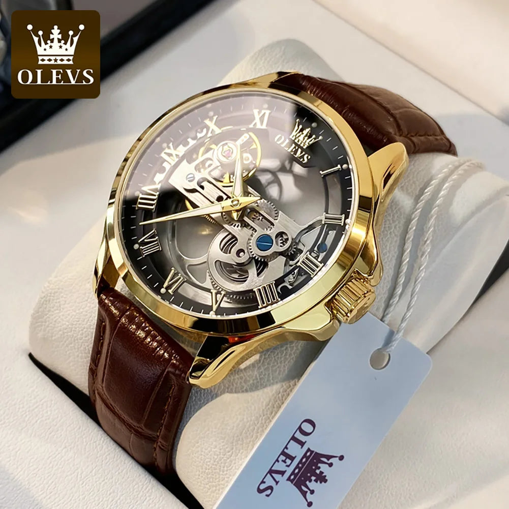 OLEVS Trend Fashion Men's Watches Casual Leather Strap Hollow Out Self-winding Movement Original Automatic Mechanical Wristwatch