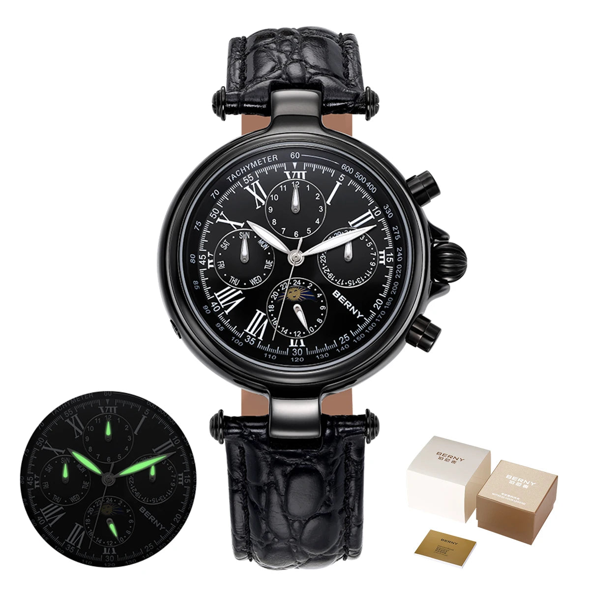 BERNY Retro-Automatikuhr für Herren mit Sonnen- und Mondphasenanzeige, luxuriöse mechanische Armbanduhr, leuchtende Möwe ST1652, klassische Herrenuhr