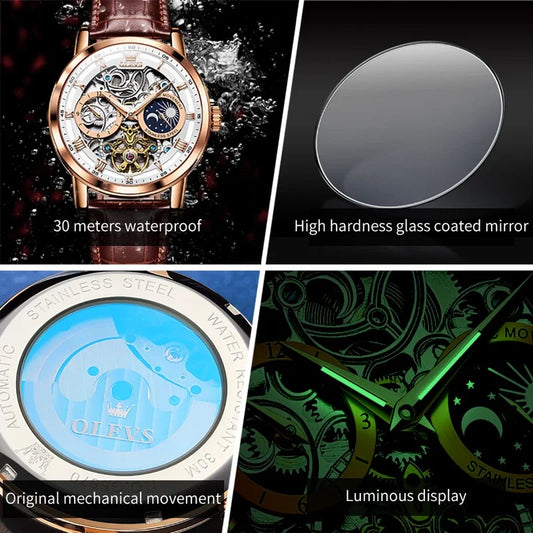 OLEVS 6670 Mechanical Fashion Watch Genuine Leather Watchband Round-dial Moon Phase Month Display